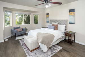 Master Bedroom featuring multiple windows, ceiling fan, and dark wood-type flooring