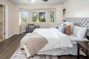 Master Bedroom with ceiling fan and dark hardwood / wood-style floors