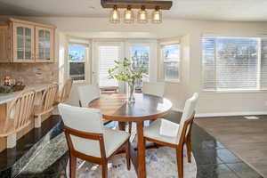 Dining space with dark wood-type flooring and plenty of natural light