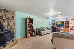 Carpeted living room featuring a wood stove