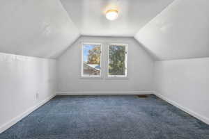 Additional living space featuring vaulted ceiling and carpet