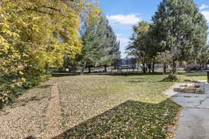 View of yard with a fire pit and a trampoline