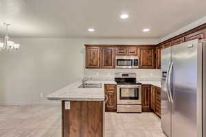 Kitchen with sink, kitchen peninsula, decorative light fixtures, a chandelier, and appliances with stainless steel finishes