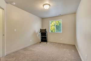 Carpeted empty room featuring a textured ceiling