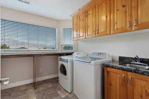 Laundry room featuring cabinets, sink, and independent washer and dryer