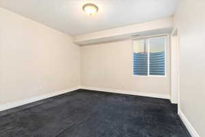 Carpeted spare room featuring a textured ceiling