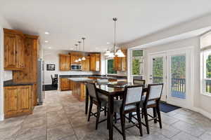 Dining room with an inviting chandelier