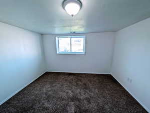 Empty room featuring a textured ceiling and carpet floors