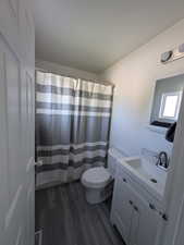 Bathroom featuring vanity, hardwood / wood-style floors, a shower with curtain, and toilet