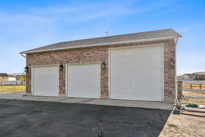 View of large detached garage