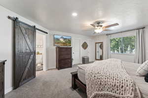 Master bedroom featuring a barn door, ensuite bathroom