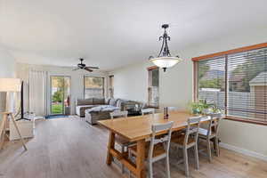 Dining room with ceiling fan and light hardwood / wood-style flooring