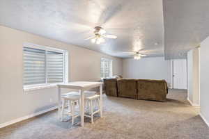 Carpeted living room with ceiling fan and a textured ceiling