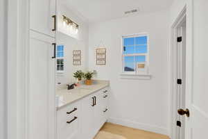 Bathroom with hardwood / wood-style floors and vanity