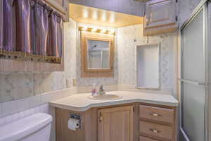 Bathroom featuring vanity, a shower with shower door, and toilet