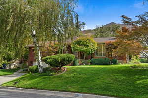 View of front of property featuring a front yard and a mountain view