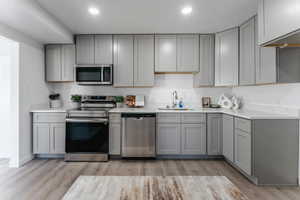 Kitchen with light hardwood / wood-style floors, gray cabinets, sink, and stainless steel appliances