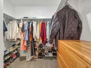 Walk in closet with dark colored carpet