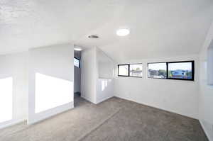 Bonus room featuring lofted ceiling, carpet floors, and a textured ceiling