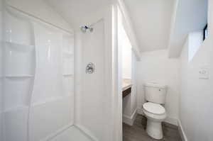 Bathroom featuring a shower, toilet, wood-type flooring, vaulted ceiling, and vanity