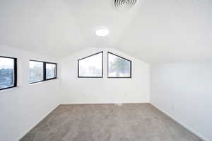 Additional living space featuring light colored carpet and lofted ceiling