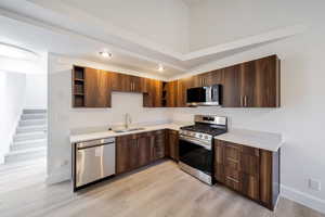 Kitchen with stainless steel appliances, sink, and light wood-type flooring