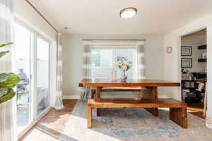 Dining room with wood-type flooring and a wealth of natural light