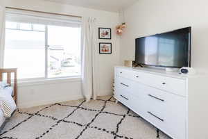 Bedroom featuring multiple windows and light carpet