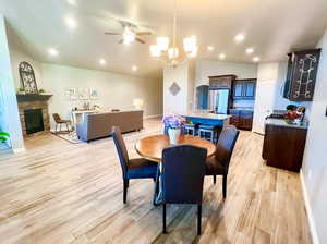 Open style family room, kitchen and dining