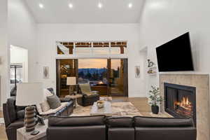 Living room with light hardwood / wood-style floors and high vaulted ceiling