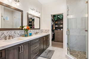 Bathroom featuring tasteful backsplash, a shower with door, and vanity