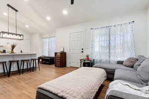 Living room featuring light wood-type flooring and vaulted ceiling