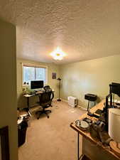 Office area featuring light carpet and a textured ceiling