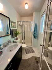 Bathroom with vanity, a textured ceiling, toilet, a shower with door, and a wealth of natural light