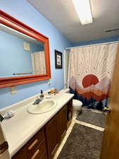 Bathroom with vanity, toilet, a textured ceiling, and a shower with shower curtain