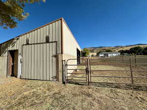 View of outdoor structure featuring a mountain view