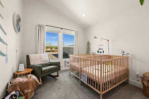 Carpeted bedroom featuring lofted ceiling and a nursery area