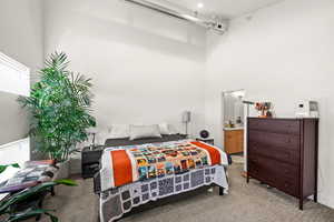 Carpeted bedroom featuring ensuite bathroom and a towering ceiling