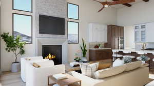 Living room featuring light wood-type flooring, ceiling fan, a stone fireplace, a towering ceiling, and beam ceiling