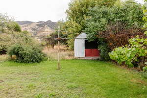 View of yard featuring a mountain view and a shed