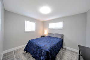 Bedroom with light wood-type flooring and multiple windows