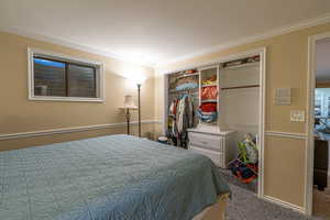 Carpeted bedroom featuring a closet and crown molding