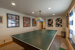 Recreation room featuring carpet and a textured ceiling