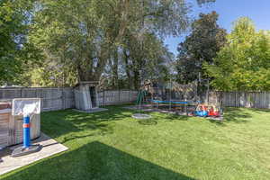 View of yard with a trampoline