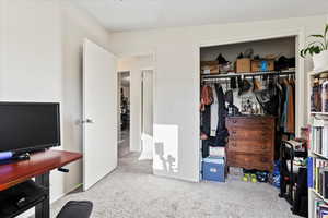 Carpeted bedroom featuring a closet