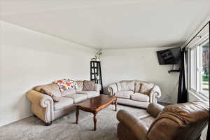 Carpeted living room with vaulted ceiling