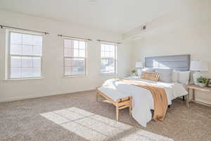 Bedroom featuring carpet flooring and multiple windows