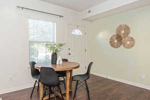 Dining area featuring dark wood-type flooring