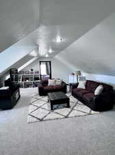 Living room featuring vaulted ceiling, carpet, and a textured ceiling