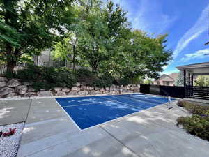 View of backyard with pickleball court